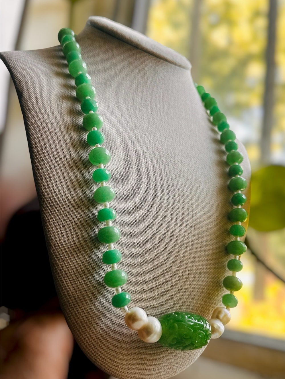 Green Jade Carved Jade Fasted Jade Beaded Necklace with genuine Pearl Artisan - Picture 5 of 13